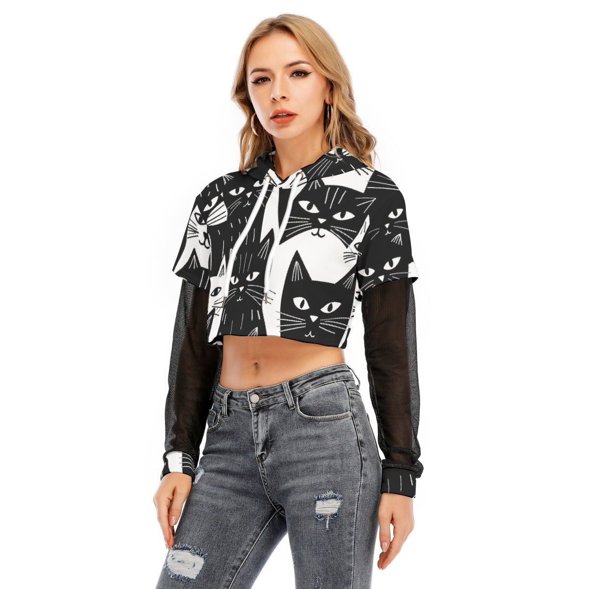 All-Over Print Women's Fake Two-piece Mesh Sleeve Cropped Hoodie