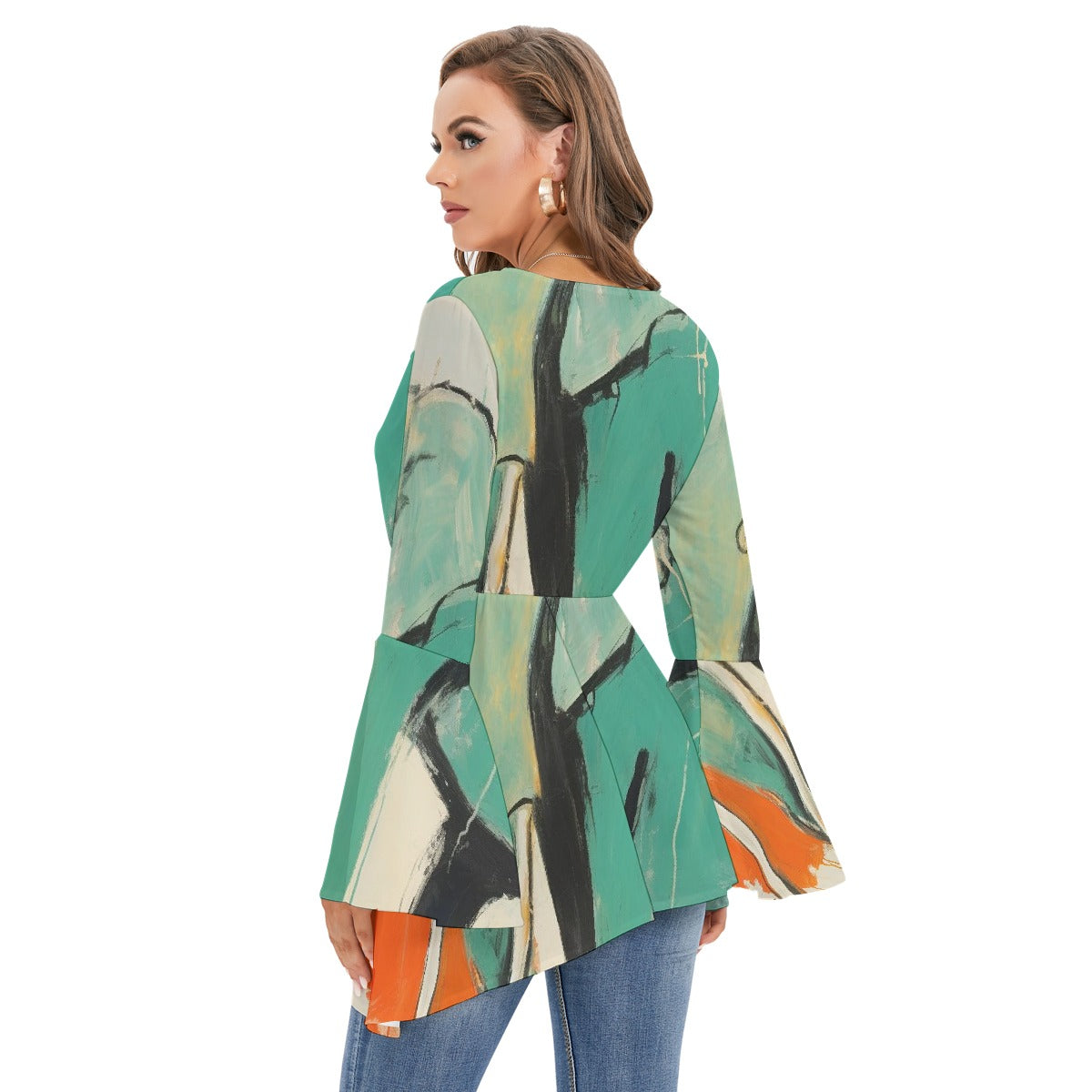 All-Over Print Women's V-neck Blouse With Flared Sleeves