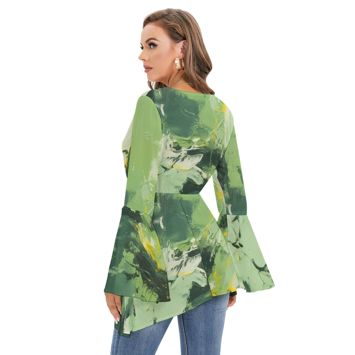 All-Over Print Women's V-neck Blouse With Flared Sleeves