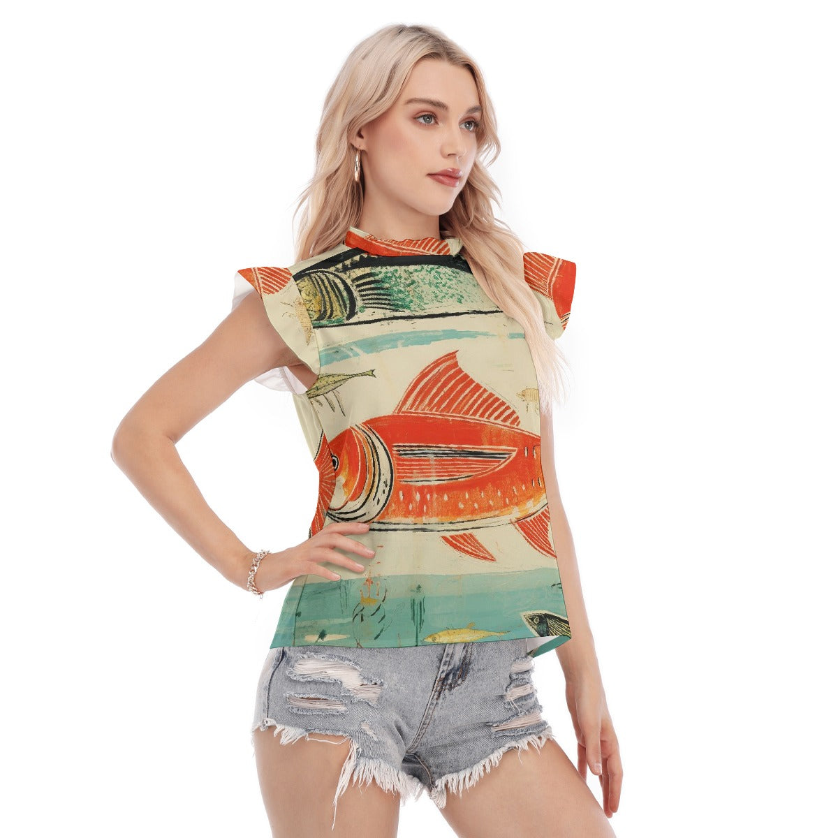 All-Over Print Women's Blouse With Ruffle Collar And Sleeve