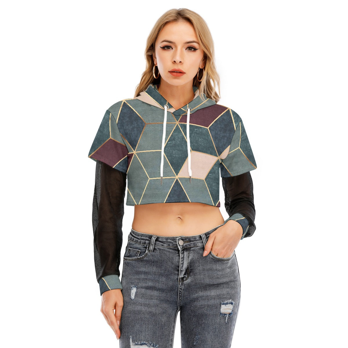 All-Over Print Women's Fake Two-piece Mesh Sleeve Cropped Hoodie