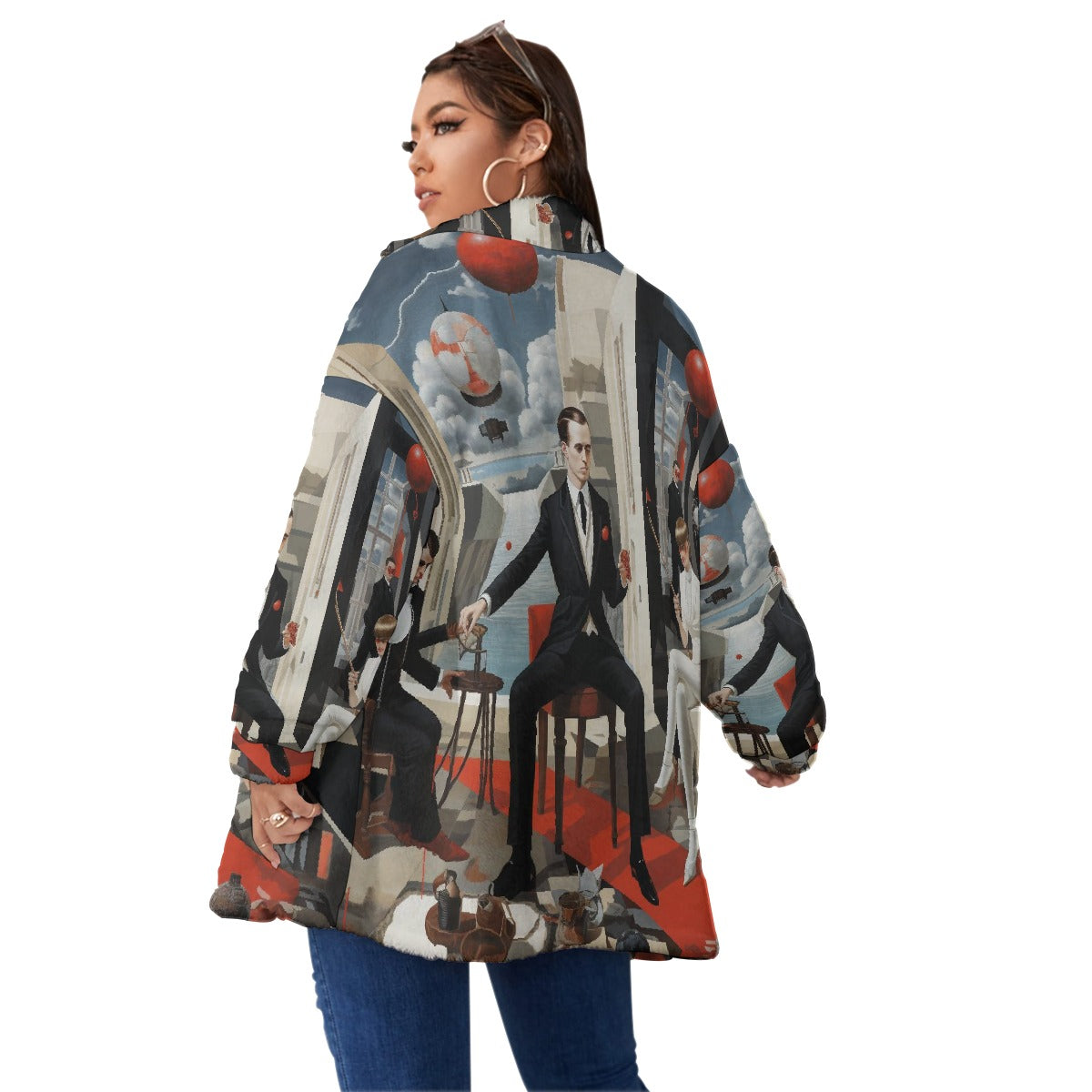 All-Over Print Unisex Borg Fleece Stand-up Collar Coat With Zipper Closure(Plus Size)