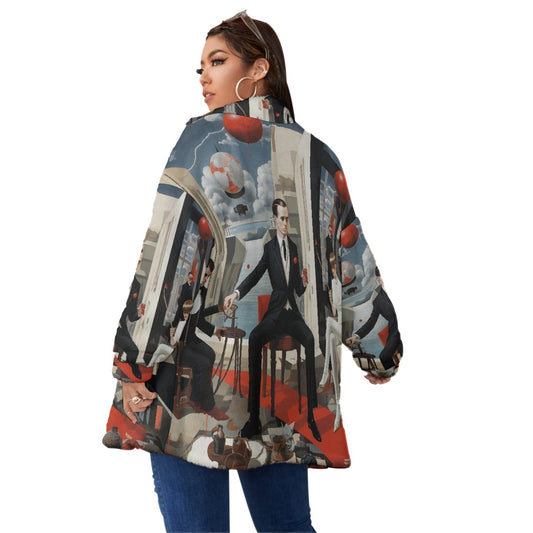 All-Over Print Unisex Borg Fleece Stand-up Collar Coat With Zipper Closure(Plus Size)