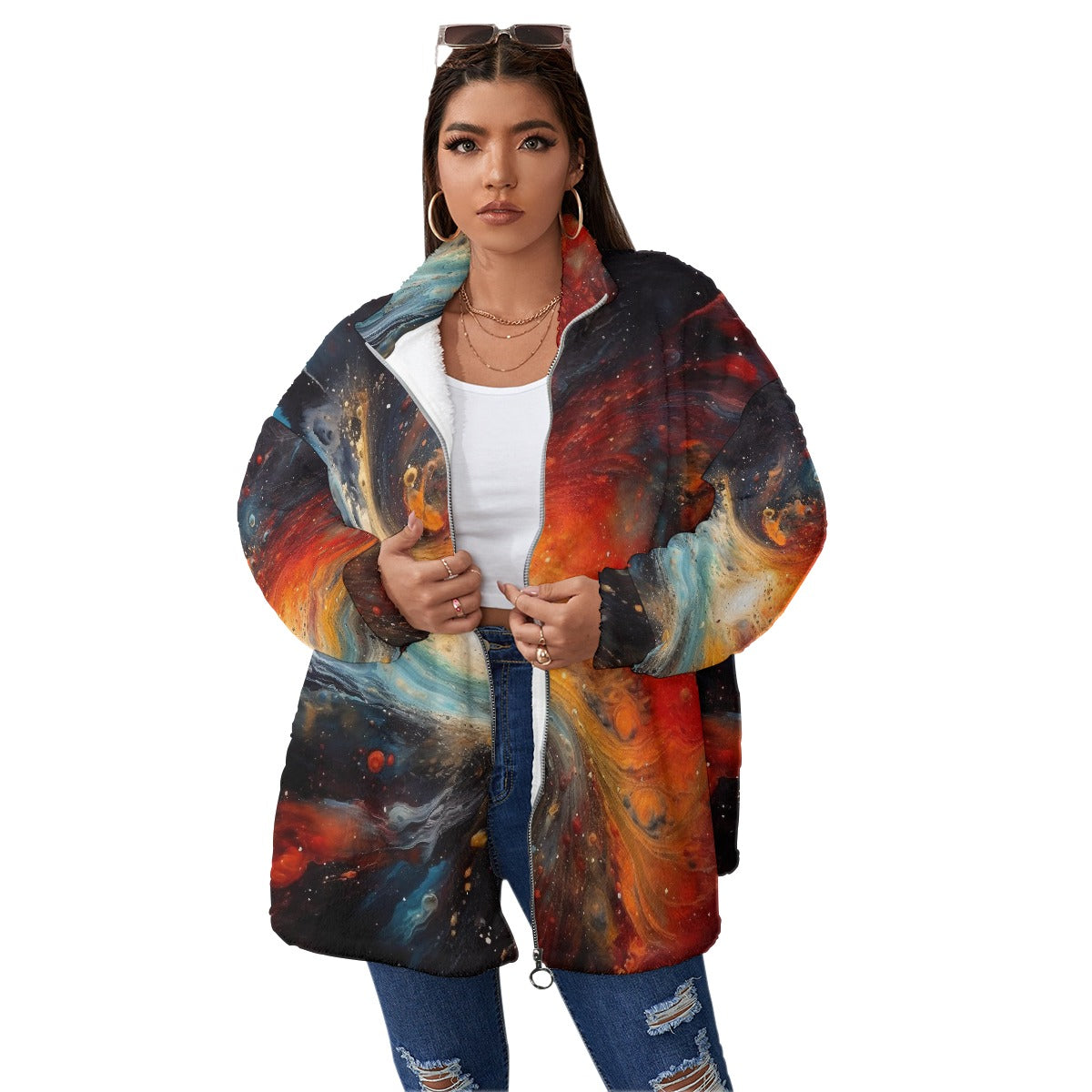 All-Over Print Unisex Borg Fleece Stand-up Collar Coat With Zipper Closure(Plus Size)