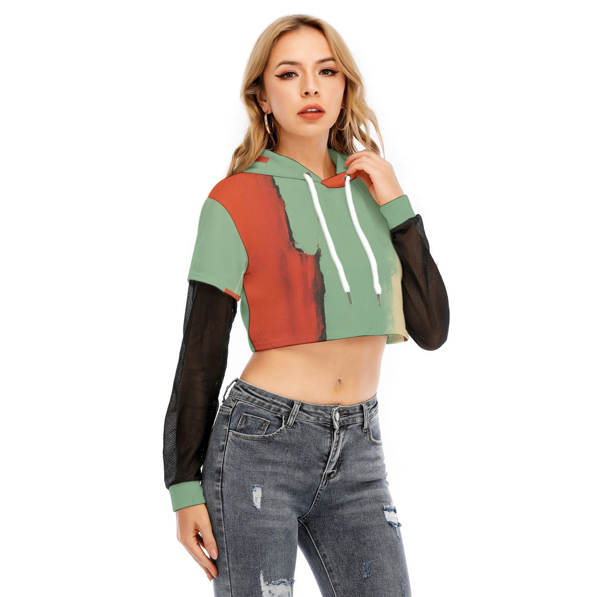 All-Over Print Women's Fake Two-piece Mesh Sleeve Cropped Hoodie