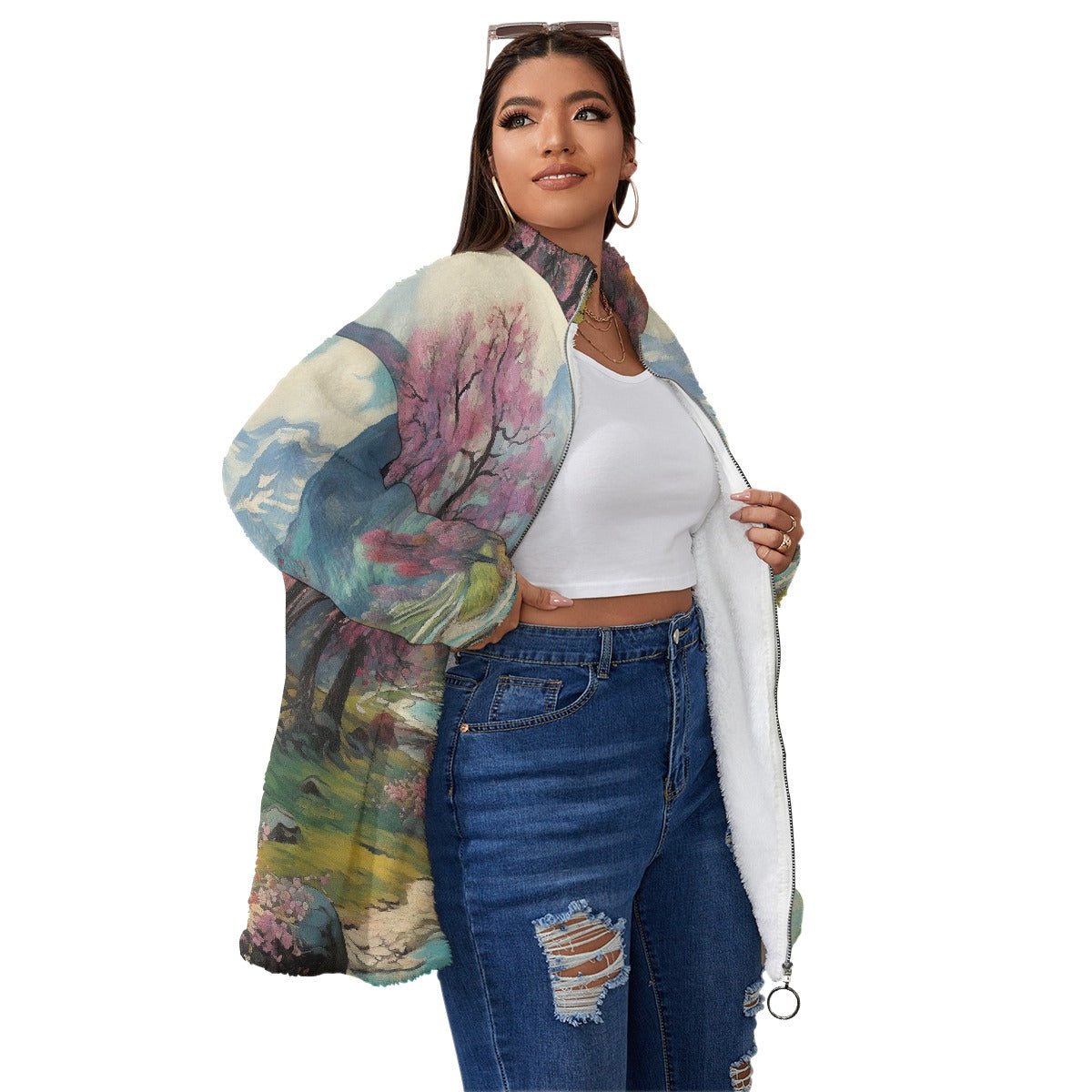 All-Over Print Unisex Borg Fleece Stand-up Collar Coat With Zipper Closure(Plus Size)