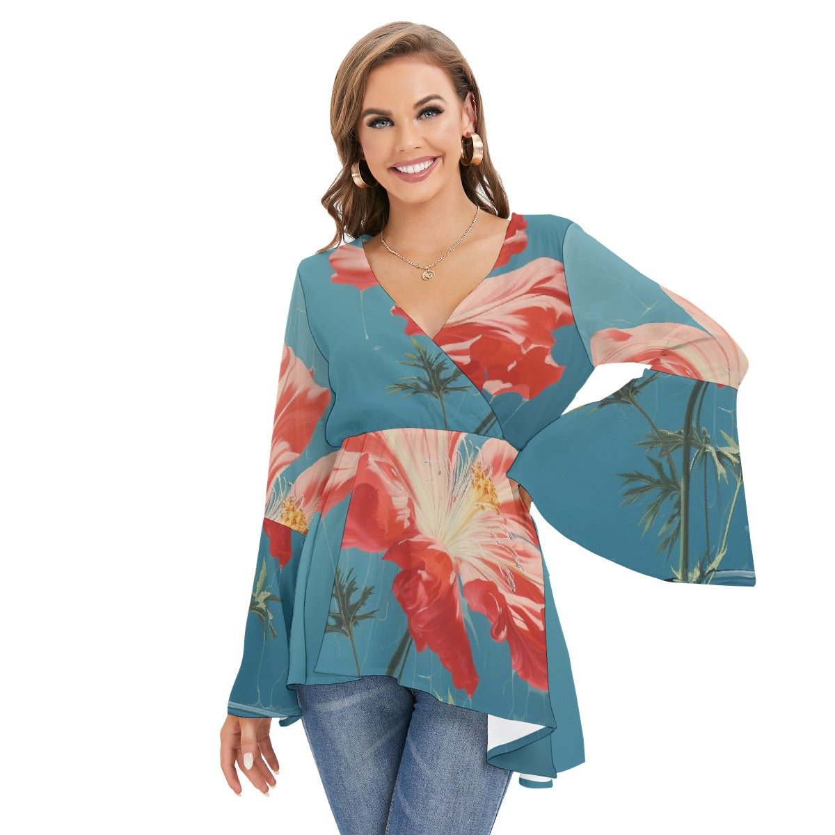 All-Over Print Women's V-neck Blouse With Flared Sleeves