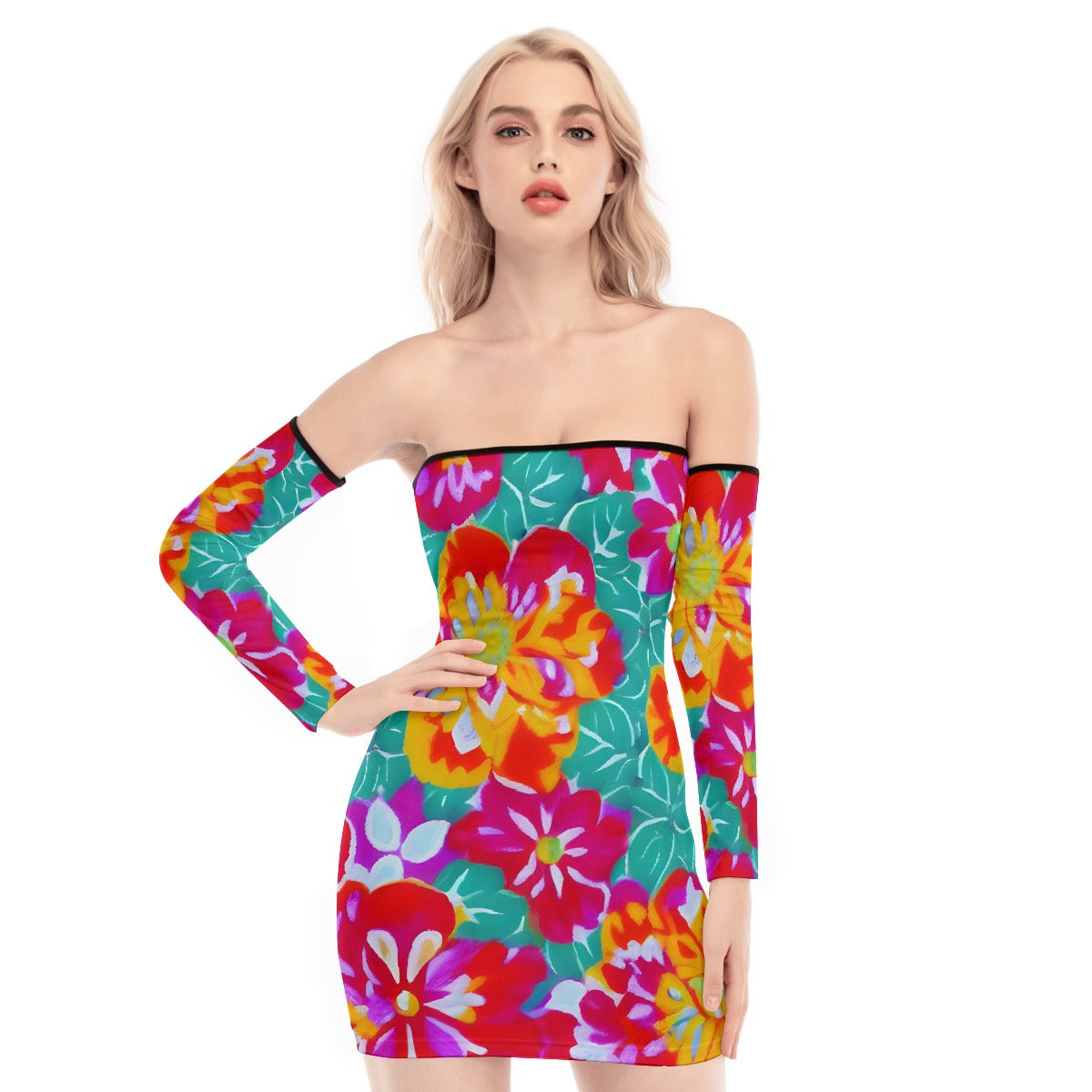 All-Over Print Women's Off-shoulder Back Lace-up Dress