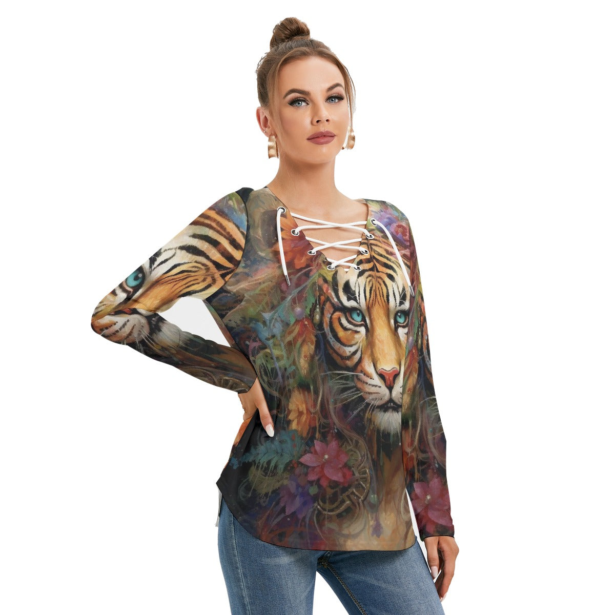 All-Over Print Women's Long Sleeve Neckline Tie Sweatshirt