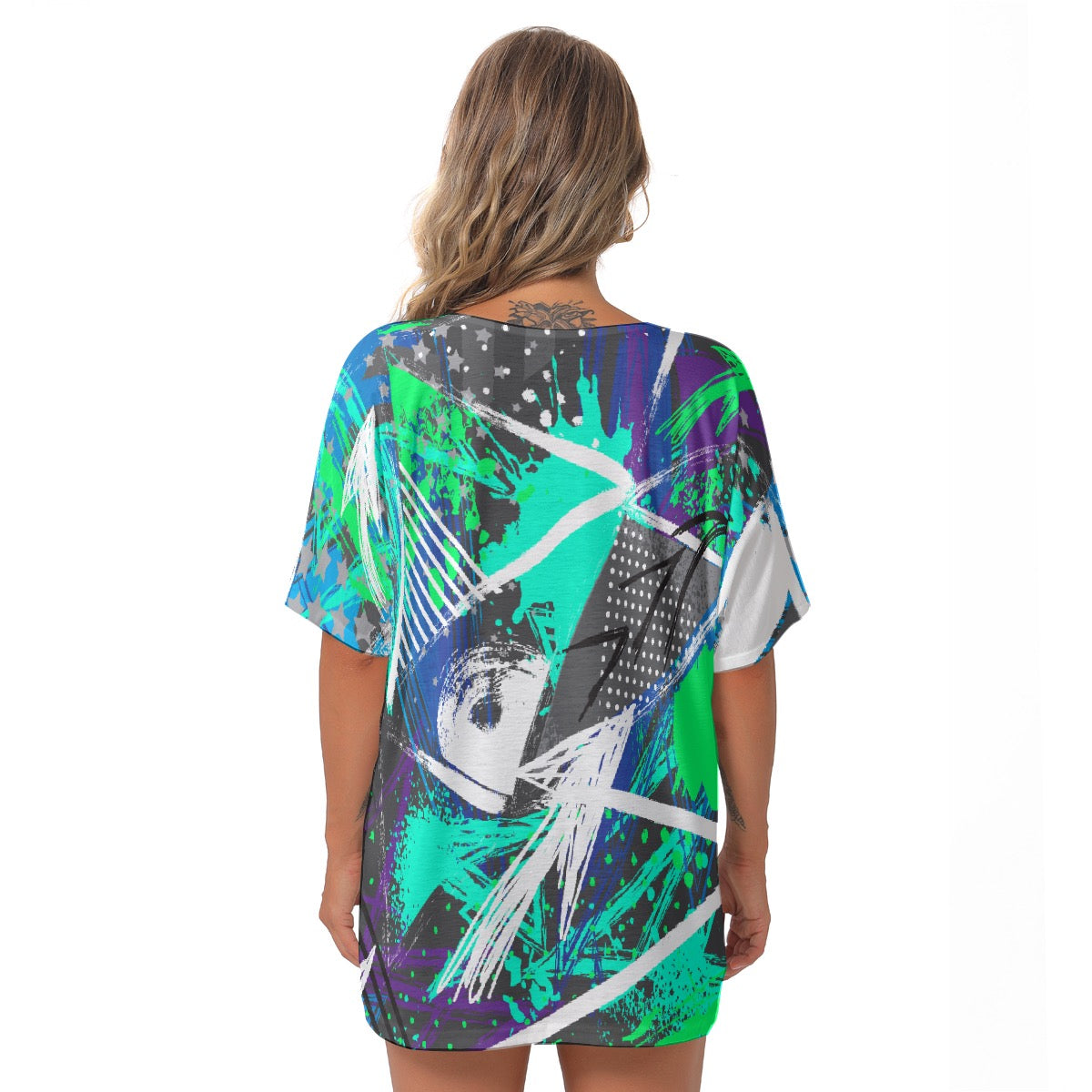 All-Over Print Women's Bat Sleeves V-Neck Blouse