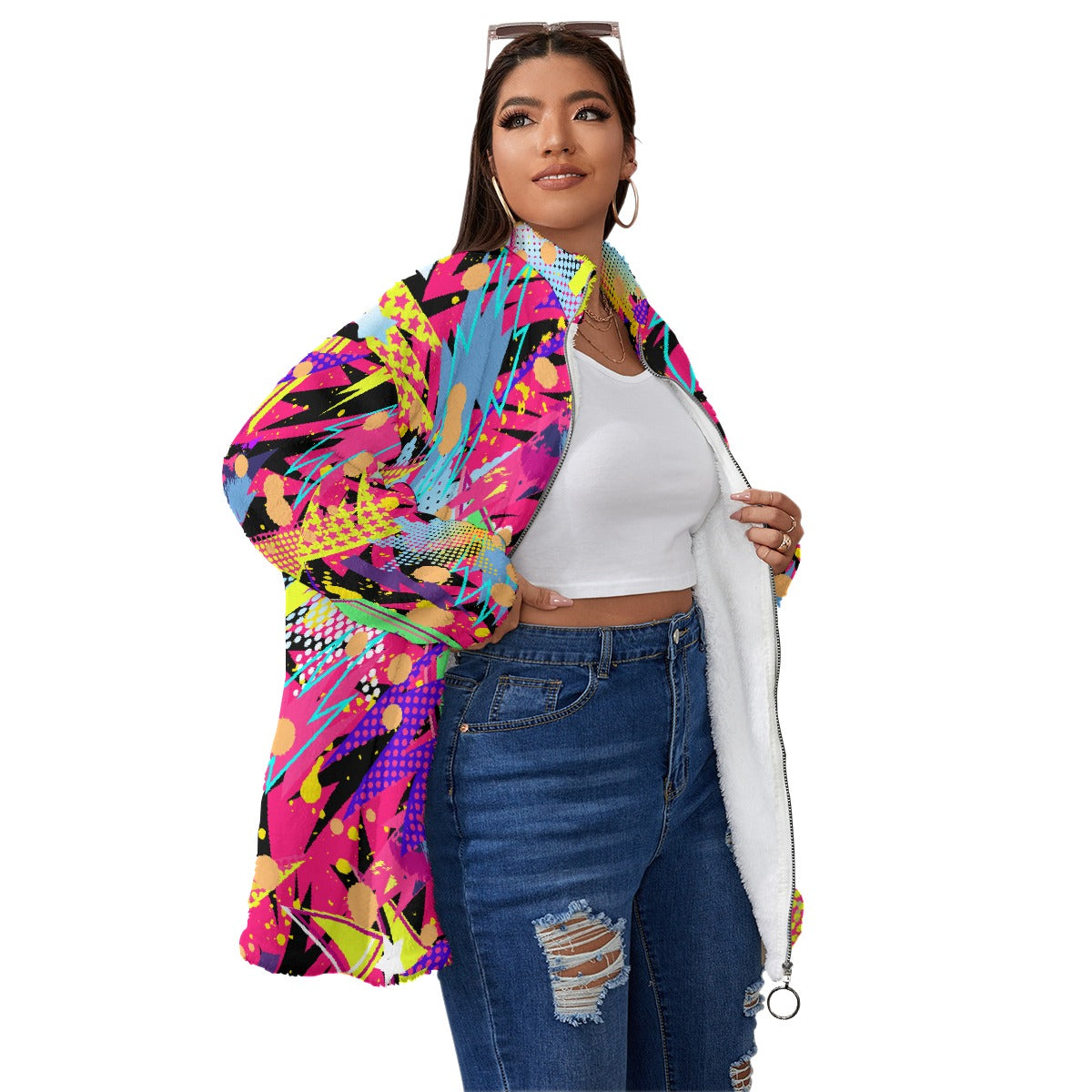 All-Over Print Unisex Borg Fleece Stand-up Collar Coat With Zipper Closure(Plus Size)