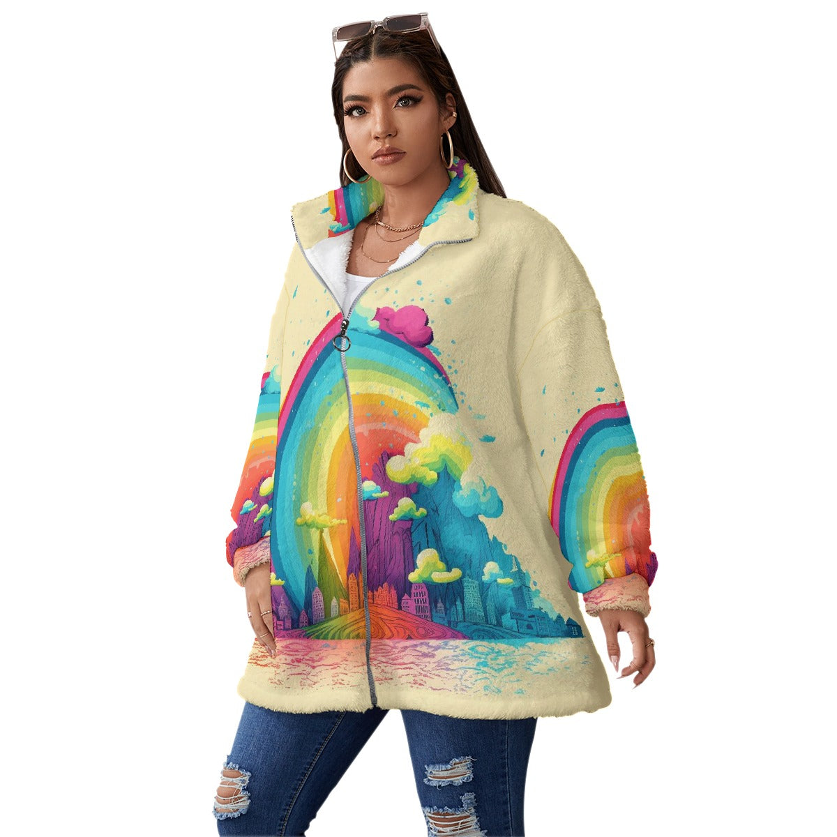 All-Over Print Unisex Borg Fleece Stand-up Collar Coat With Zipper Closure(Plus Size)