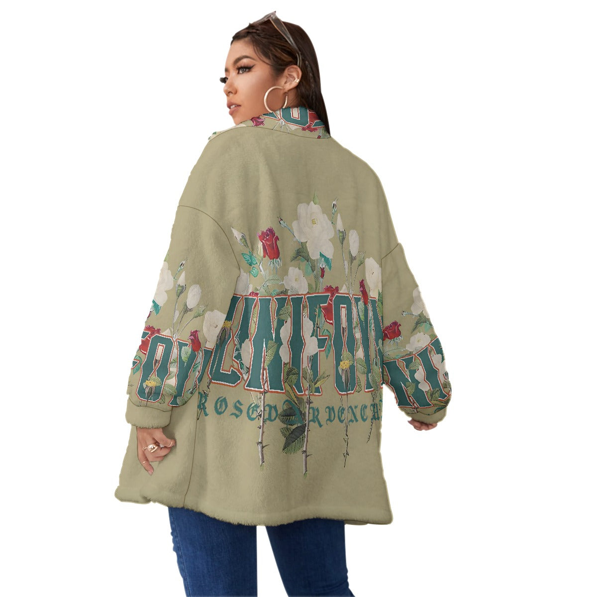 All-Over Print Unisex Borg Fleece Stand-up Collar Coat With Zipper Closure(Plus Size)