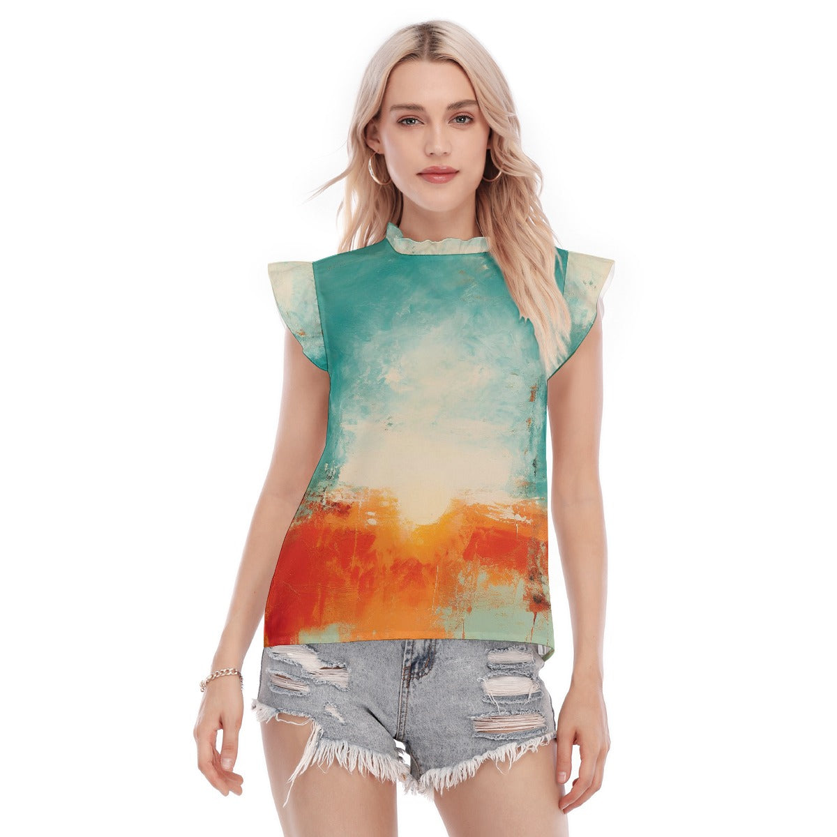 All-Over Print Women's Blouse With Ruffle Collar And Sleeve