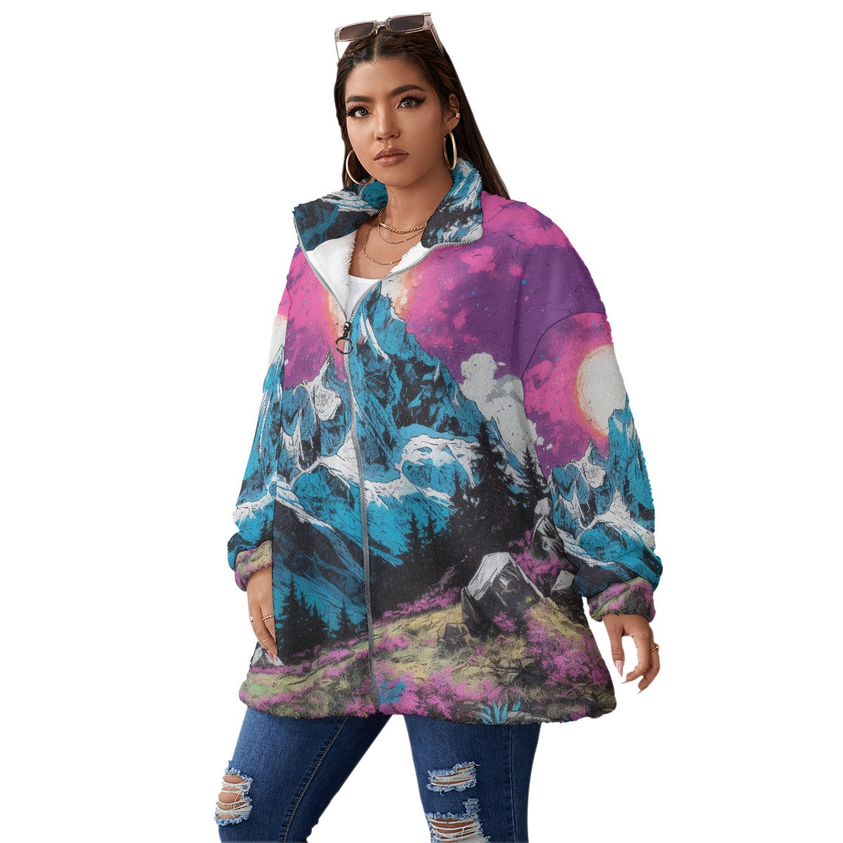 All-Over Print Unisex Borg Fleece Stand-up Collar Coat With Zipper Closure(Plus Size)