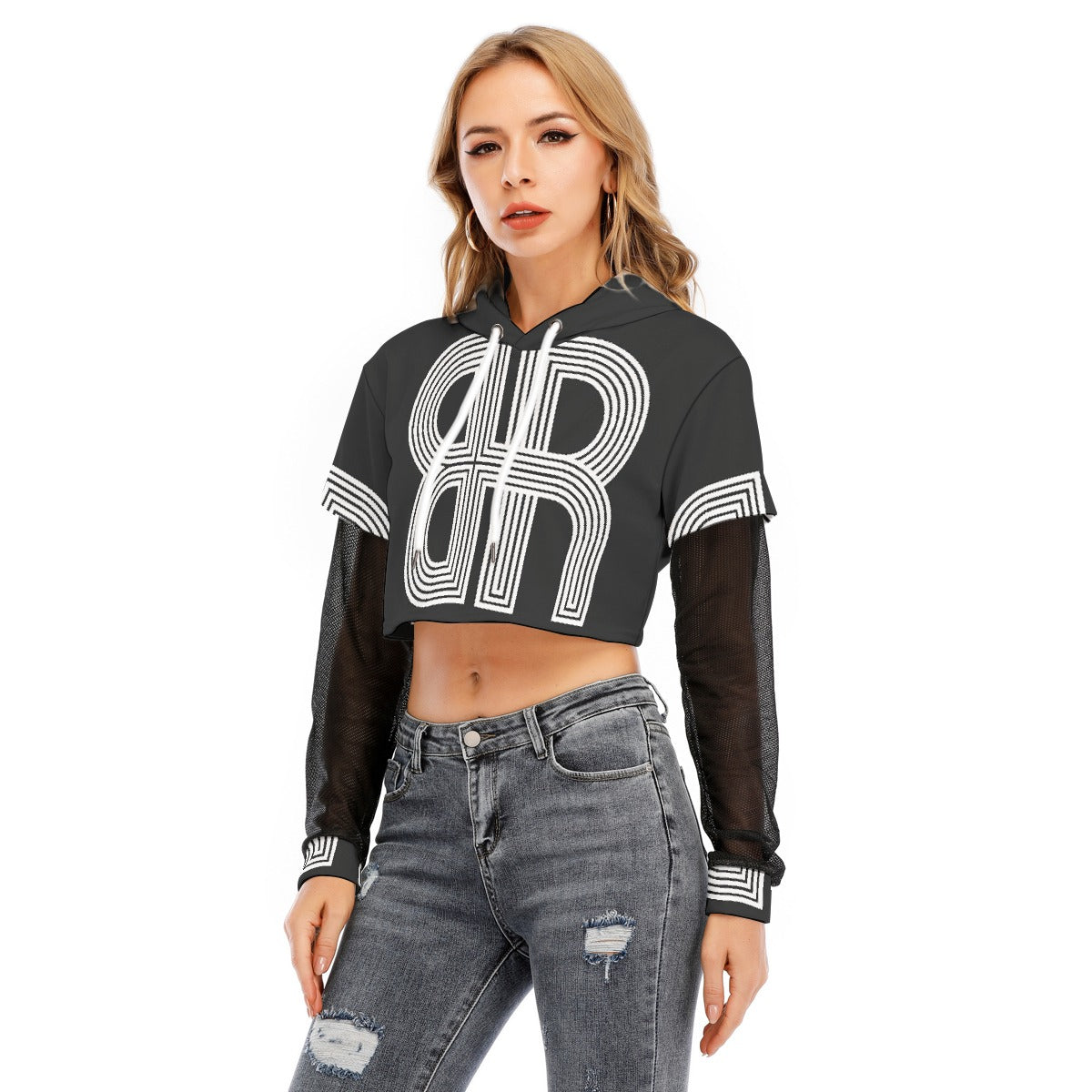 All-Over Print Women's Fake Two-piece Mesh Sleeve Cropped Hoodie