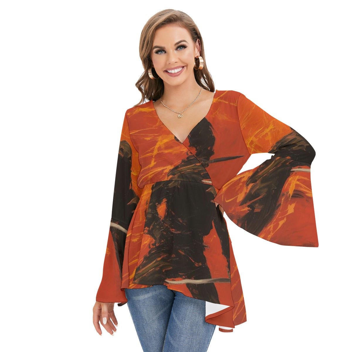 All-Over Print Women's V-neck Blouse With Flared Sleeves