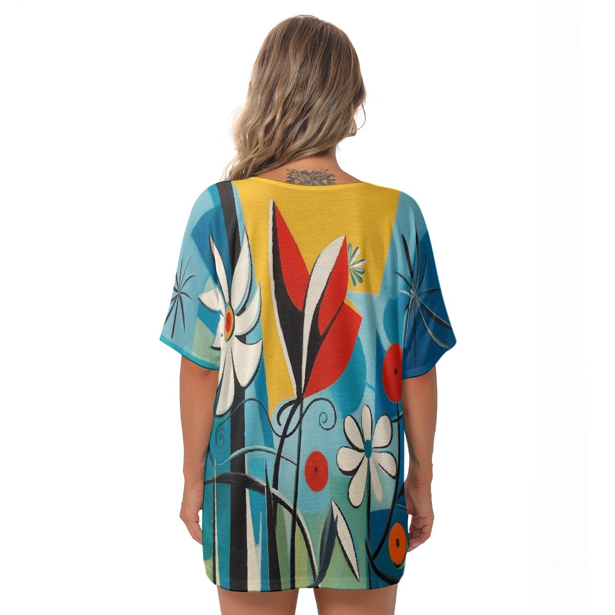 All-Over Print Women's Bat Sleeves V-Neck Blouse