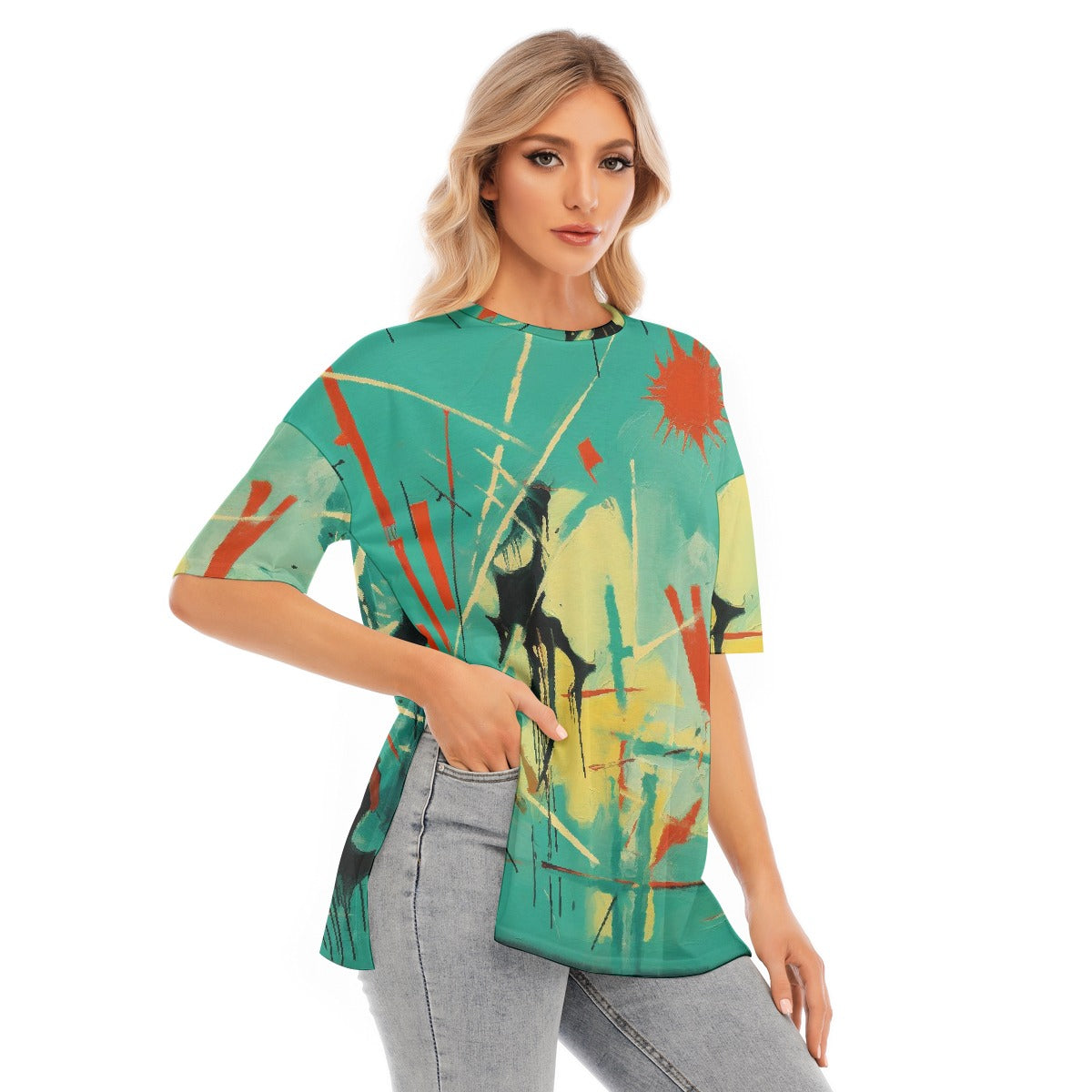 All-Over Print Women's Short Sleeves T-shirt With Hem Split