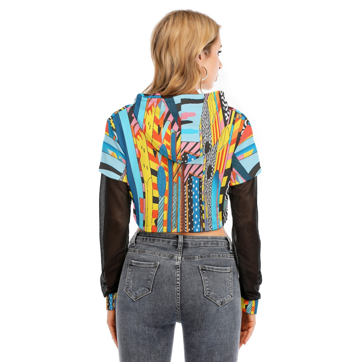 All-Over Print Women's Fake Two-piece Mesh Sleeve Cropped Hoodie