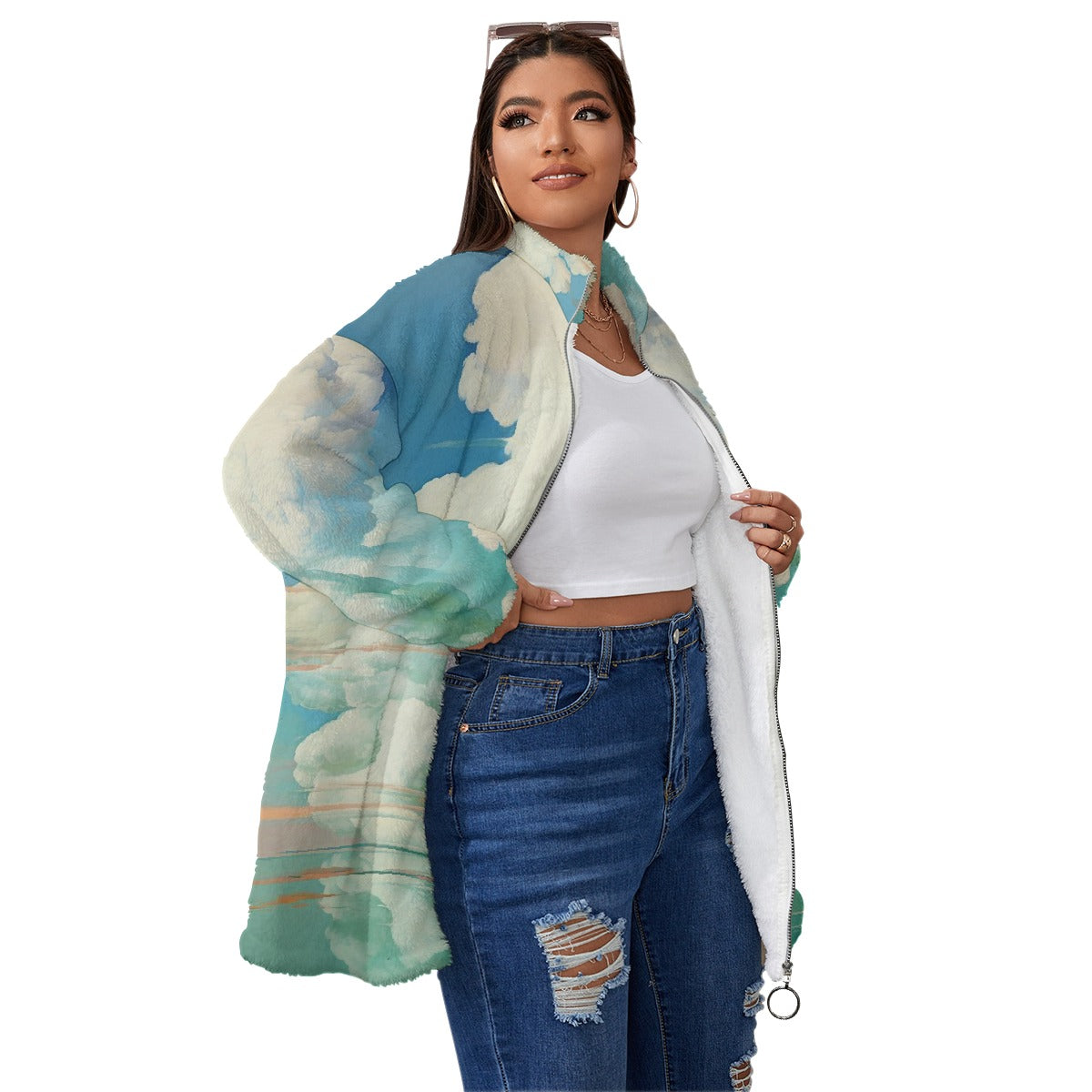 All-Over Print Unisex Borg Fleece Stand-up Collar Coat With Zipper Closure(Plus Size)