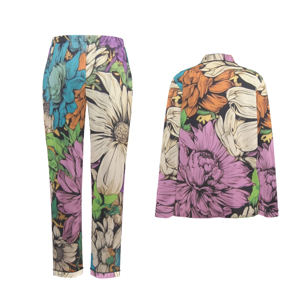 All-Over Print Women's Long Sleeve Pajama Set With Black Contrast Piping