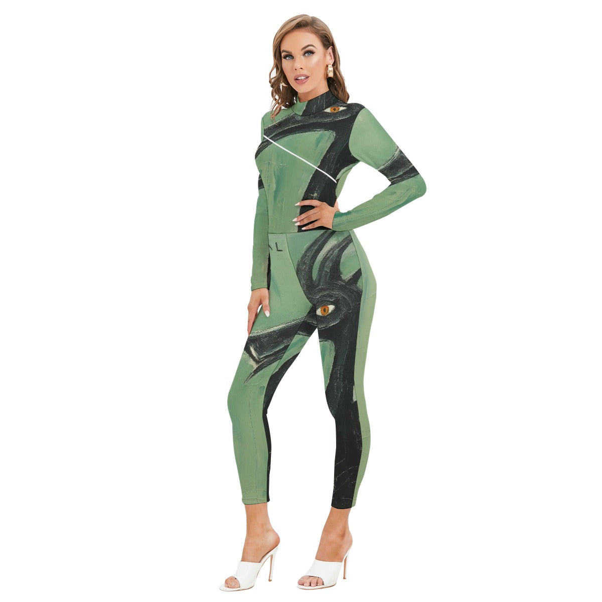 All-Over Print Women's Long-sleeved High-neck Jumpsuit With Zipper