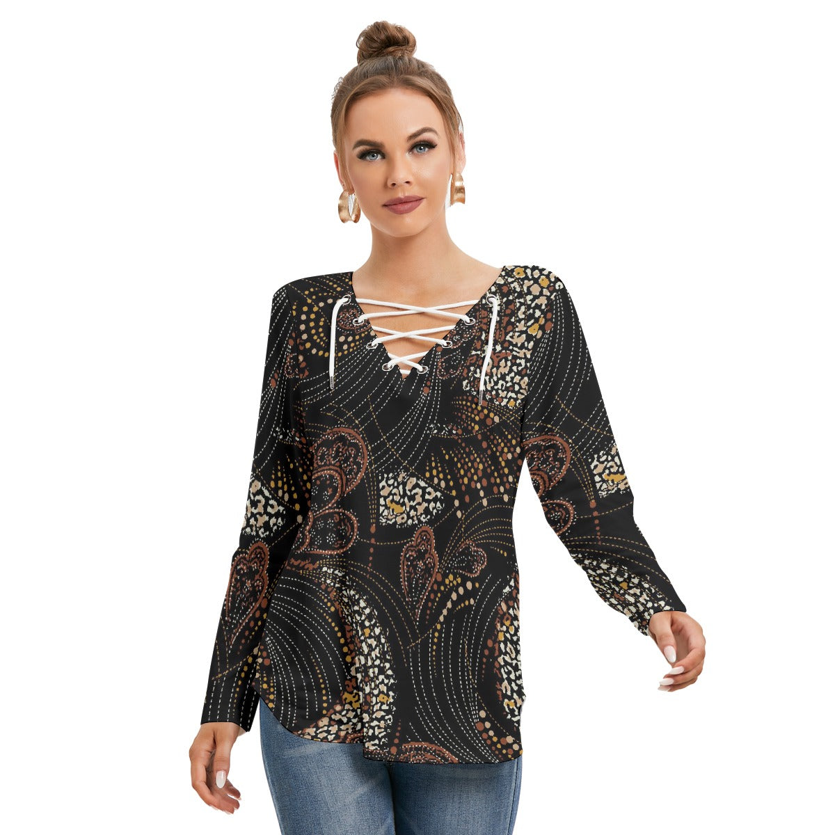 All-Over Print Women's Long Sleeve Neckline Tie Sweatshirt