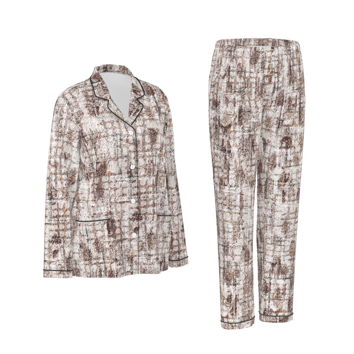 All-Over Print Women's Long Sleeve Pajama Set With Black Contrast Piping