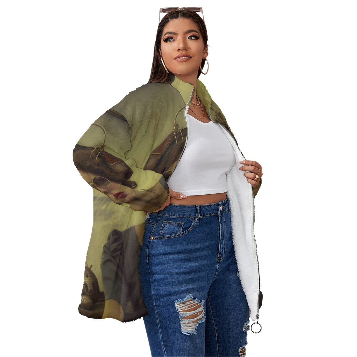 All-Over Print Unisex Borg Fleece Stand-up Collar Coat With Zipper Closure(Plus Size)