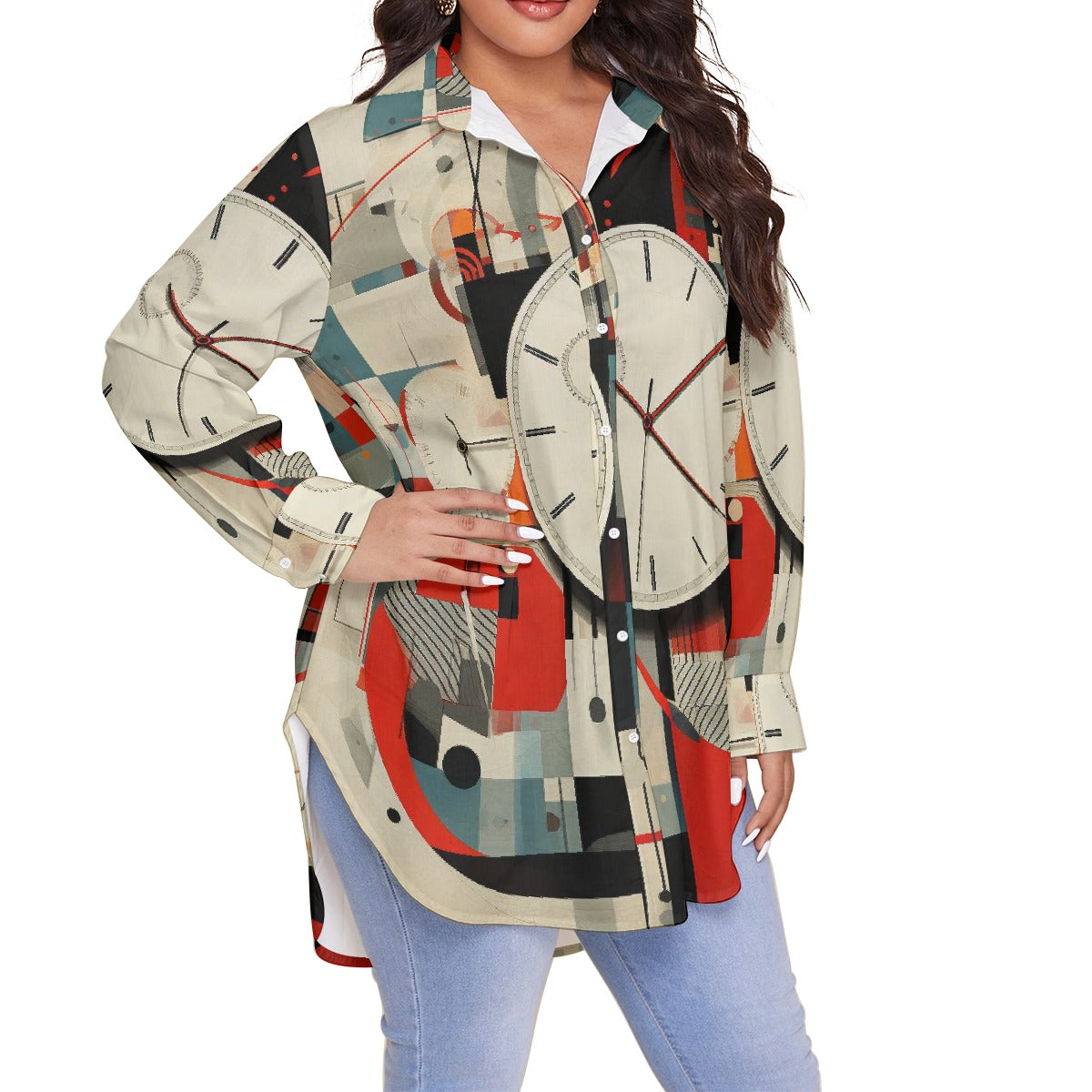 All-Over Print Women's Shirt With Long Sleeve(Plus Size)