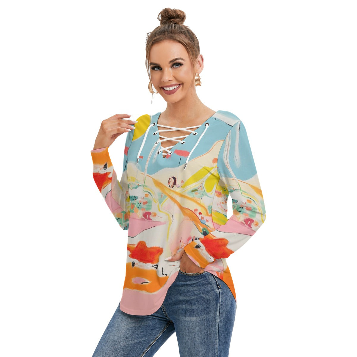 All-Over Print Women's Long Sleeve Neckline Tie Sweatshirt