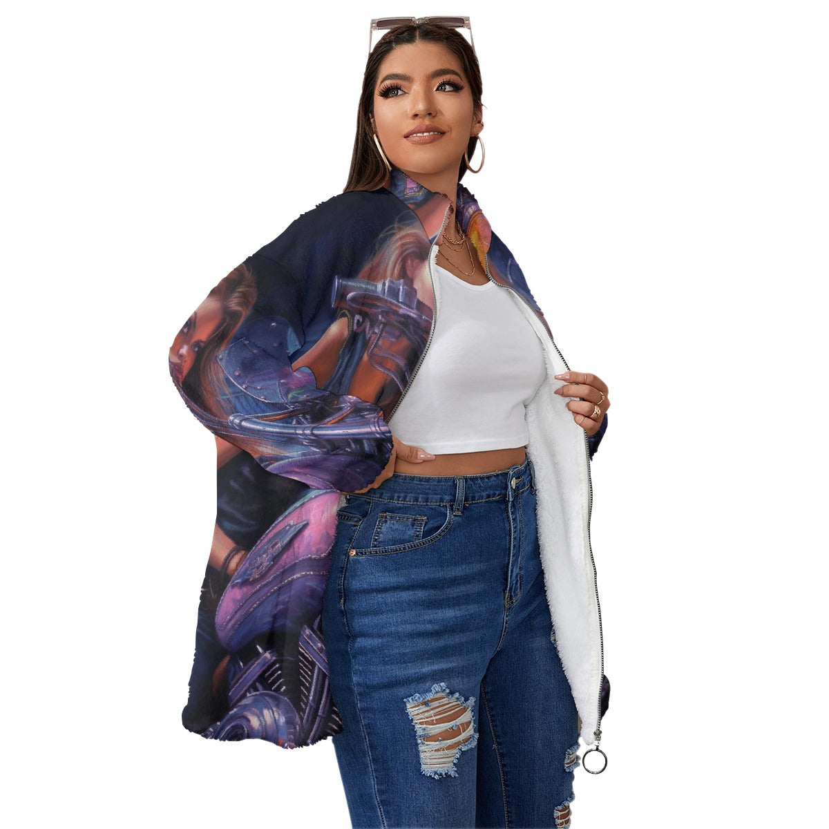 All-Over Print Unisex Borg Fleece Stand-up Collar Coat With Zipper Closure(Plus Size)