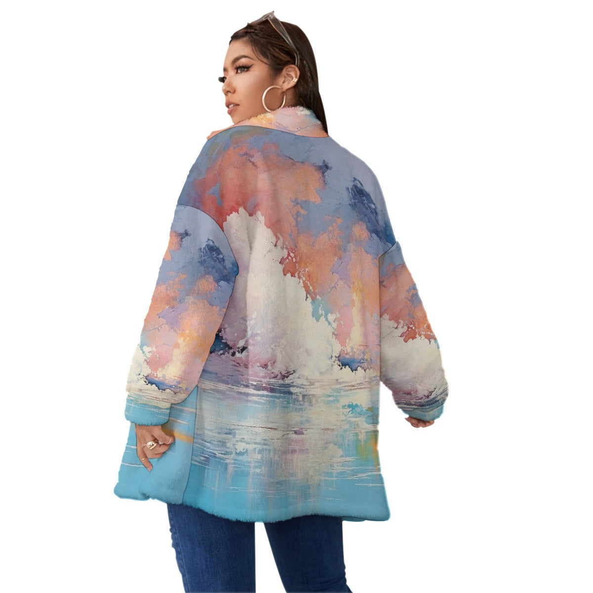 All-Over Print Unisex Borg Fleece Stand-up Collar Coat With Zipper Closure(Plus Size)