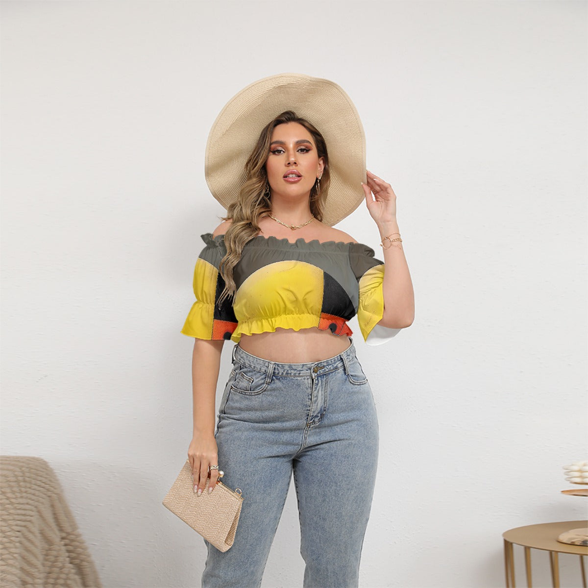 All-Over Print Women's Off-shoulder Cropped Top With Short Puff Sleeve