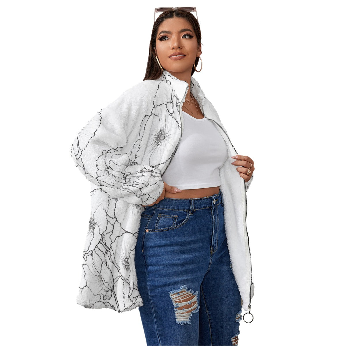 All-Over Print Unisex Borg Fleece Stand-up Collar Coat With Zipper Closure(Plus Size)