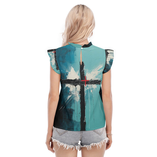 All-Over Print Women's Blouse With Ruffle Collar And Sleeve