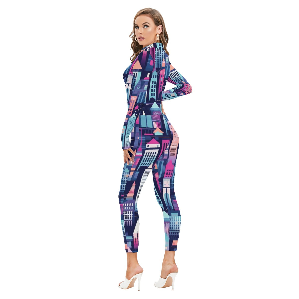All-Over Print Women's Long-sleeved High-neck Jumpsuit With Zipper