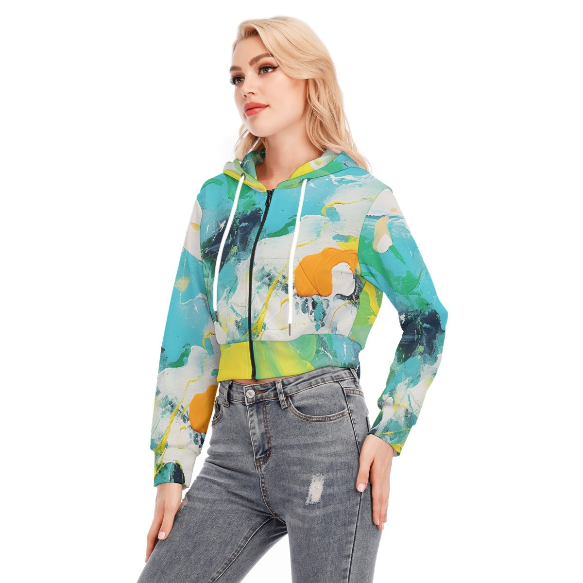 All-Over Print Women's Crop Top Hoodie With Zipper Closure
