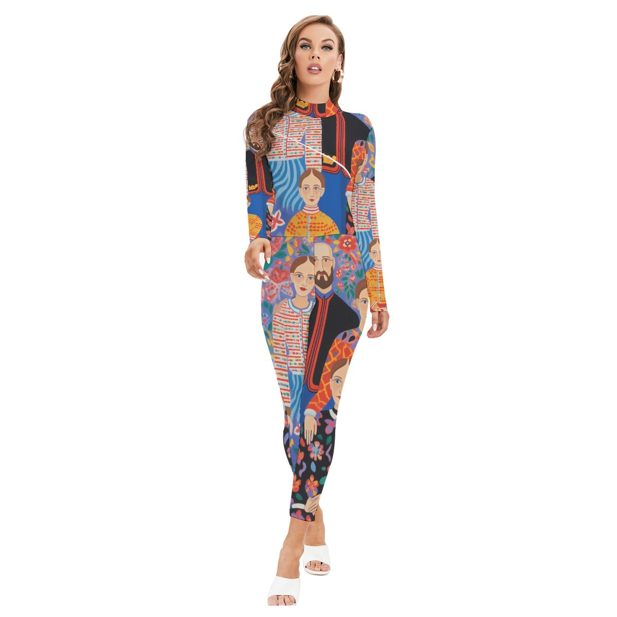 All-Over Print Women's Long-sleeved High-neck Jumpsuit With Zipper