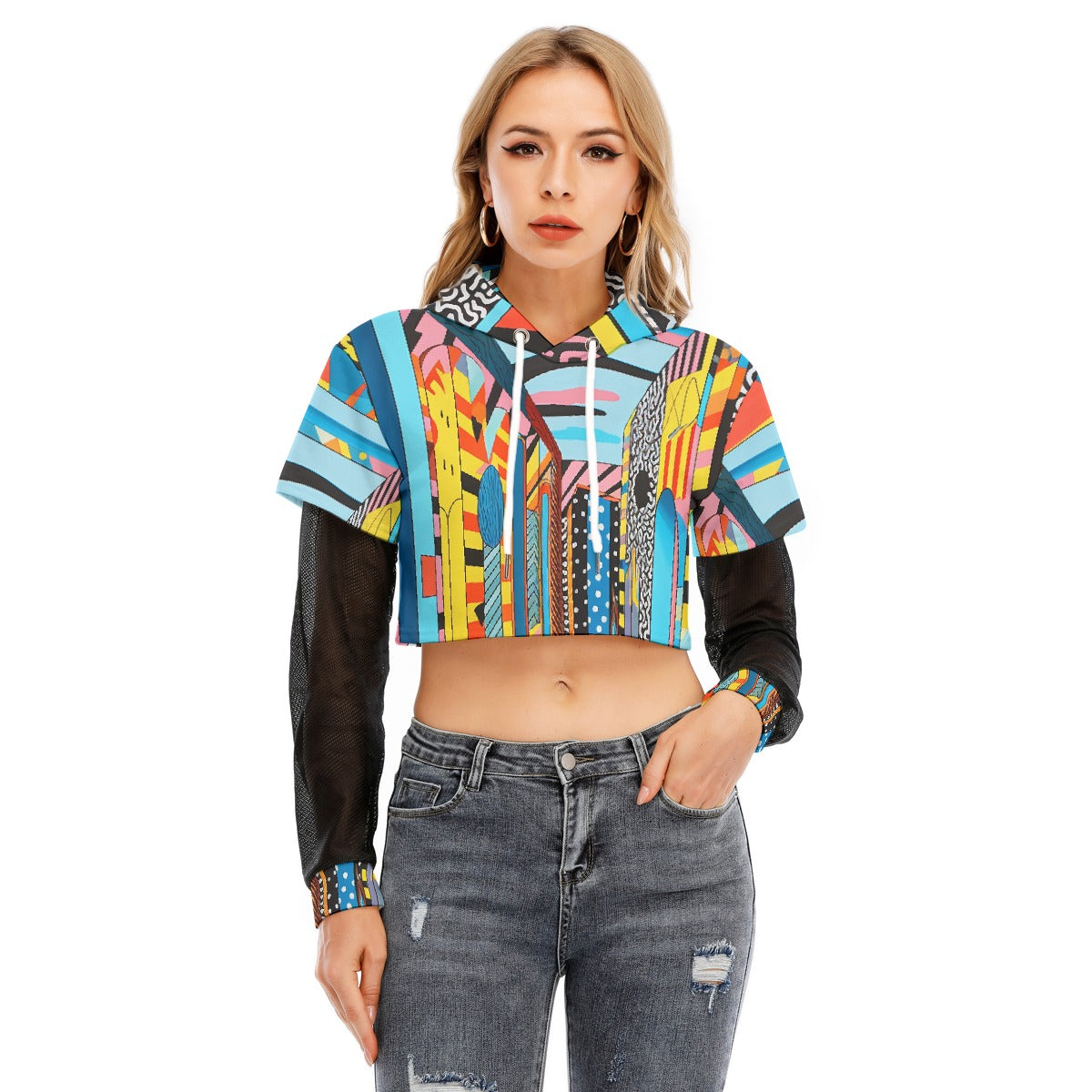 All-Over Print Women's Fake Two-piece Mesh Sleeve Cropped Hoodie