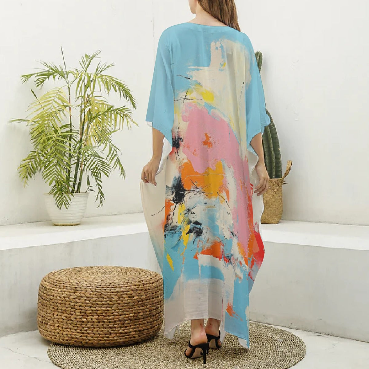 All-Over Print Women's Imitation Silk V-neck Kaftan Robe