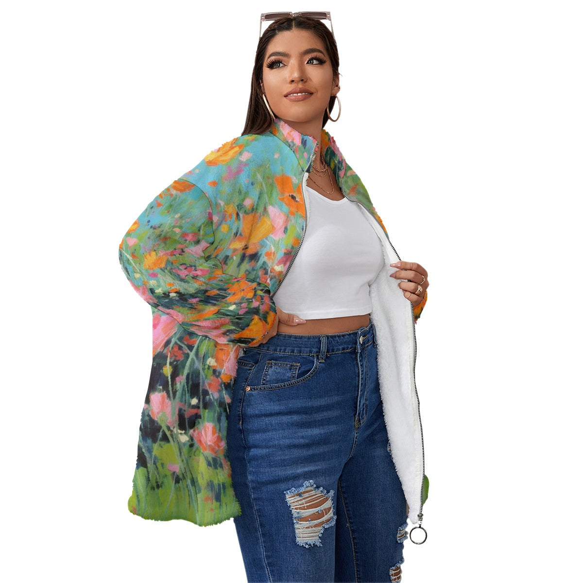 All-Over Print Unisex Borg Fleece Stand-up Collar Coat With Zipper Closure(Plus Size)