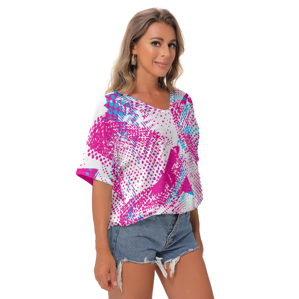 All-Over Print Women's Bat Sleeves V-Neck Blouse