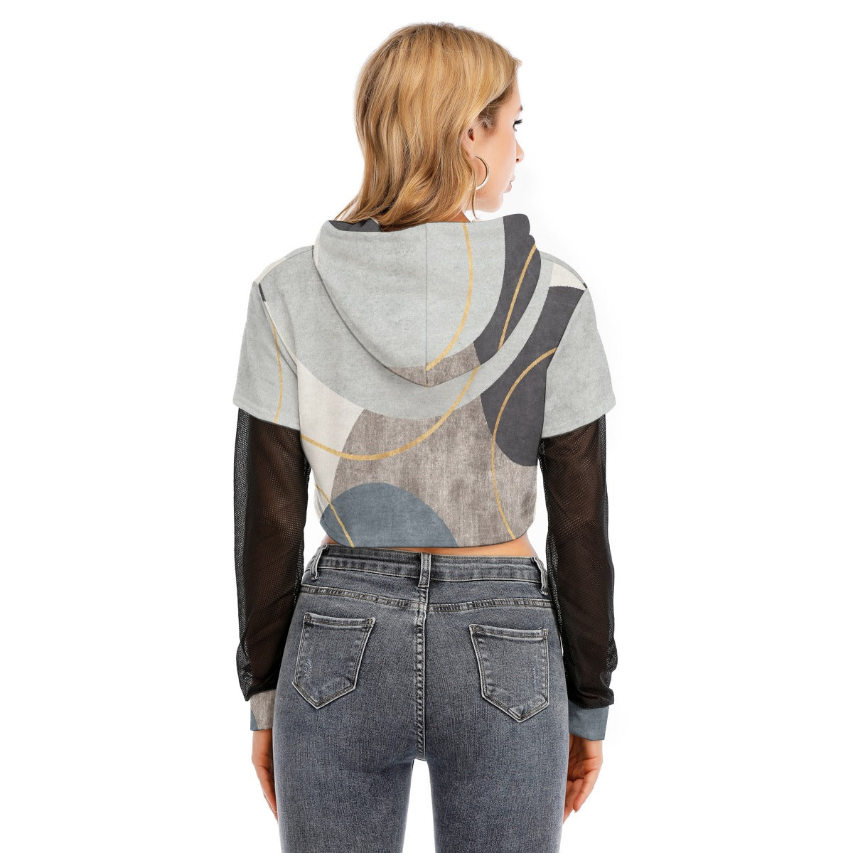 All-Over Print Women's Fake Two-piece Mesh Sleeve Cropped Hoodie