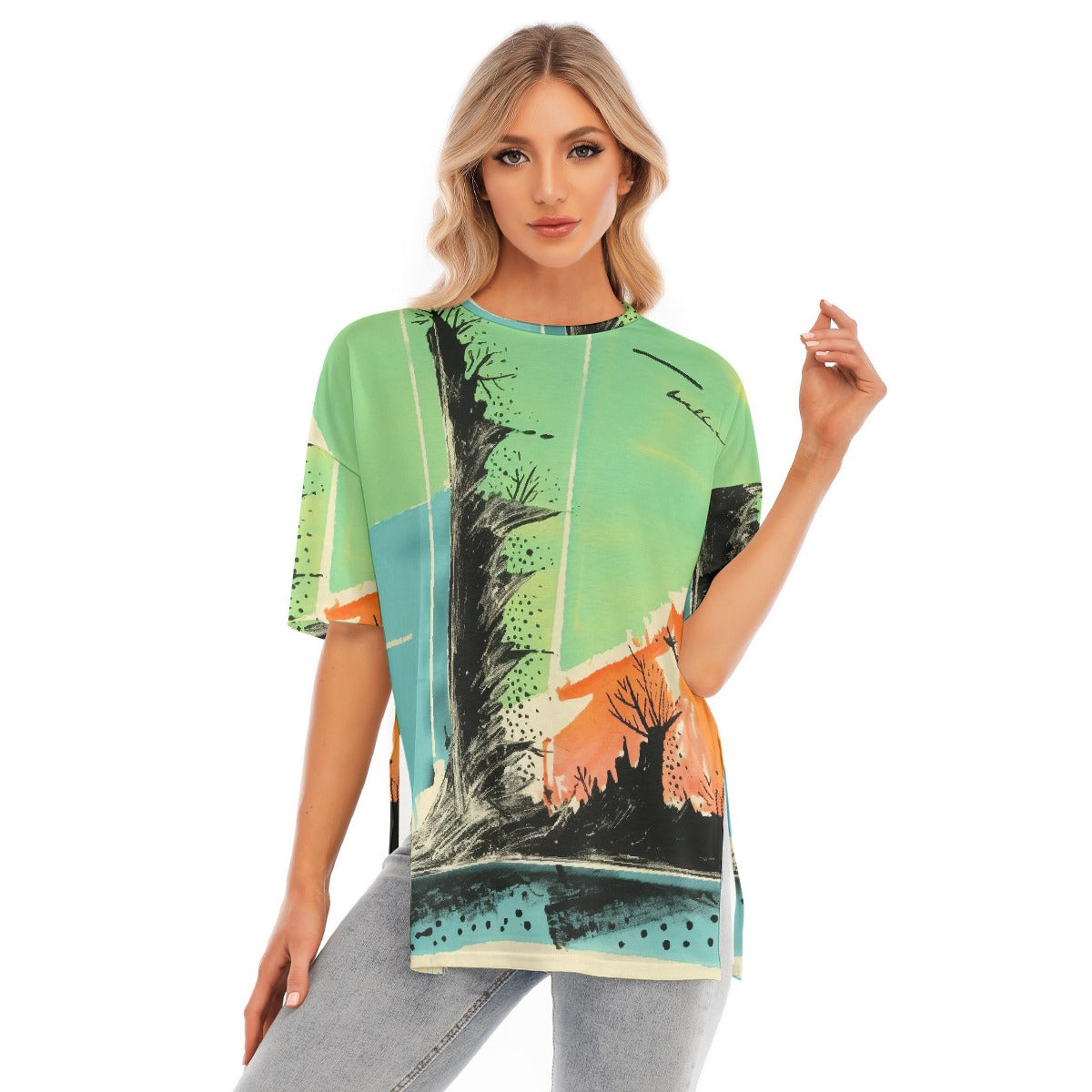 All-Over Print Women's Short Sleeves T-shirt With Hem Split