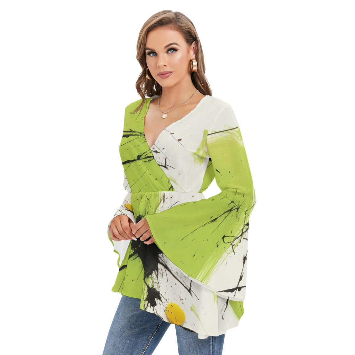 All-Over Print Women's V-neck Blouse With Flared Sleeves