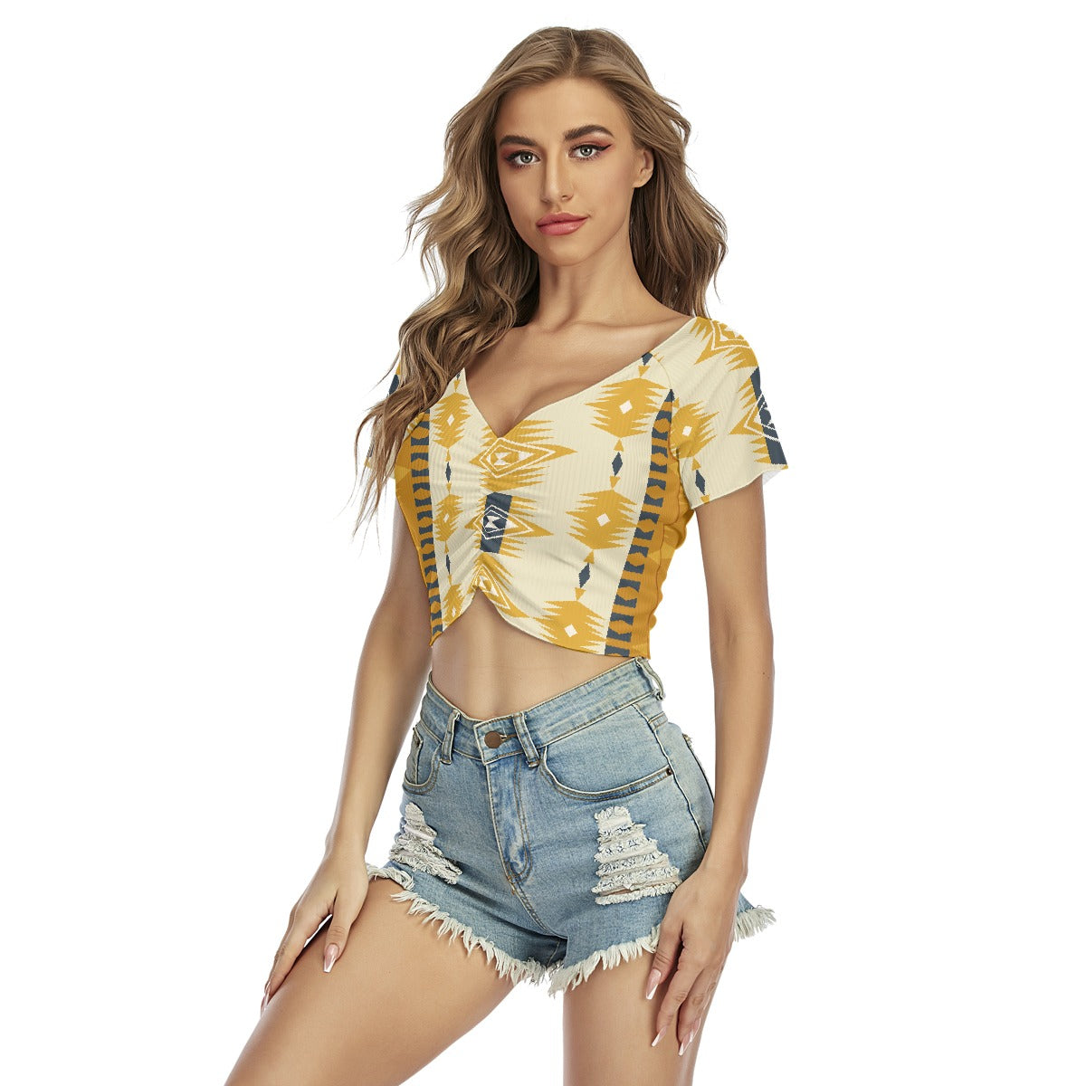 All-Over Print Women's Raglan Drawstring Front  Crop Tee