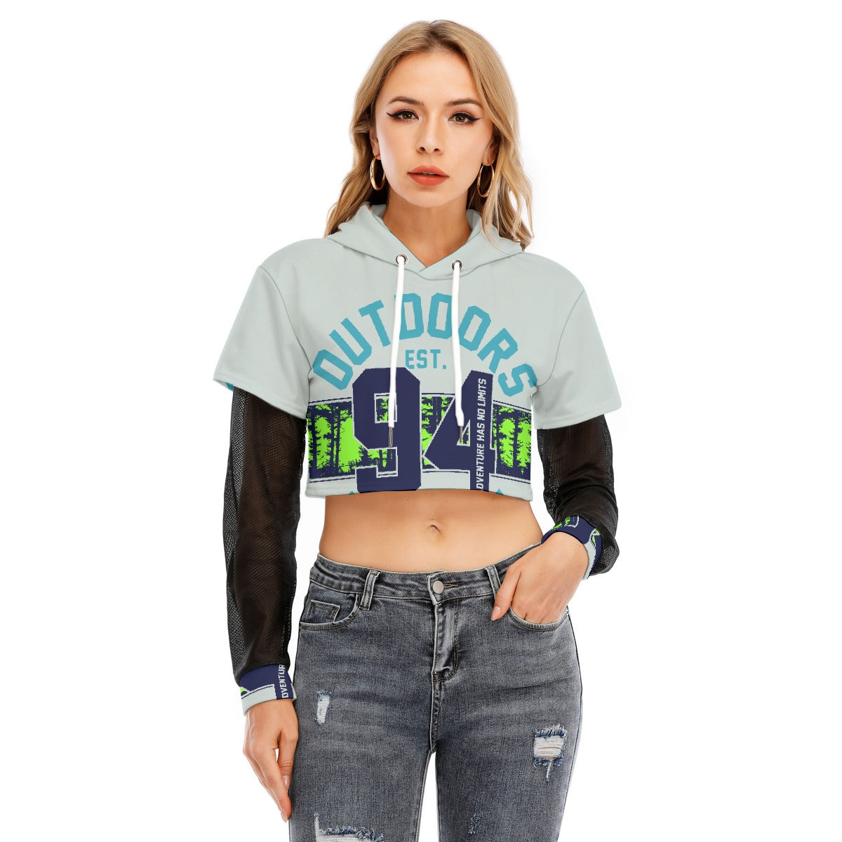 All-Over Print Women's Fake Two-piece Mesh Sleeve Cropped Hoodie