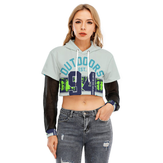 All-Over Print Women's Fake Two-piece Mesh Sleeve Cropped Hoodie